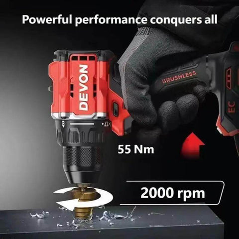20V Brushless Cordless Drill Driver 55Nm Torque 10Mm Chuck With 2X5Ah Batteries drilling into metal with brushless motor technology.