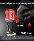 Pro Grade 20V Brushless Cordless Drill Driver Kit featuring 55Nm torque output drilling metal with 2000 rpm speed.