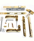 Brass Finish Storm Door Handle Set In Traditional Style For Full View Aluminum Doors One And A Quarter Inch Or One And A Half Inch Thick With Flip Away Handle For No Fuss Glass Cleaning And Quick Glass Or Screen Switch On Post Two Thousand Four parts layout