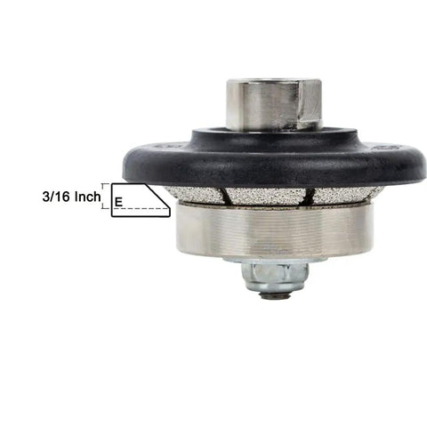 Side view of 3/16 Inch Demi Bullnose Pro Grade Router Bit With Diamond Vacuum Brazed Wheel, 5/8-11 thread, 45 Degree Bevel Edge.