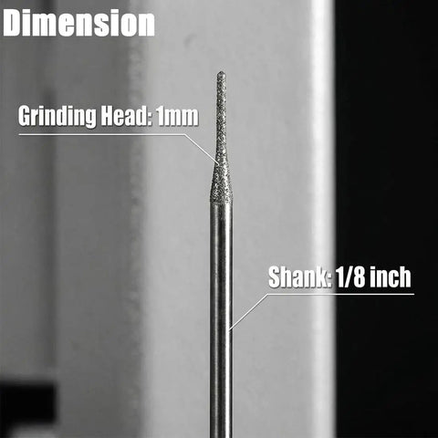 Close-up of a needle point bit with 1mm head and 1/8 inch shank from 30 Piece Diamond Burr Set With One Eighth Inch Shank Needle Point Grinding Bits 1mm Head Diameter For Rotary Tools Ideal For Bead Work Stone Ceramic Glass Tile And Jewelry Making Dope Quality Durable Diamond Bits.