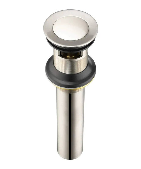 Bathroom Sink Drain Stopper Pop Up Assembly With Overflow Brushed Nickel Finish Easy Click To Seal And Drain Fits One And A Half Inch Or One And Three Quarter Inch Sinks Durable Solid Brass Construction Includes Instructions And Plumbers Tape showing polished upper view