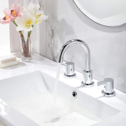 Chrome Finish Widespread Bathroom Sink Faucet With 8 Inch Spread For 3 Hole Vanities, Modern Vanity Tap With Metal Pop Up Drain