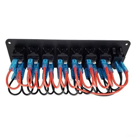Rear view of Heavy Duty Waterproof Rocker Switch Panel 5 6 8 Gang With LED Lights And Voltmeter For 12V 24V Marine Vehicles Trucks RVs