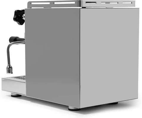 Side view of Espresso Machine And Eureka Mignon Silenzio 55 Grinder Bundle in stainless steel and chrome finish.