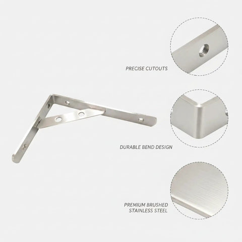 Stainless Steel Triangular Wall Shelf Bracket with silver finish, showing precise cutouts and durable bend design for wood planks.