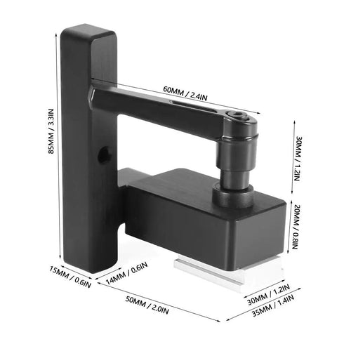 Top Rated Compact Woodworking Limiter For T Slot Miter Saw With Metal Build and Length Control Design, black metal guide showing dimensions.