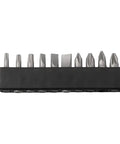 29 Piece Ratchet Socket Wrench Set Made From Heat Treated Chrome Vanadium Steel With Metric Sockets Driver Bits Extensions And Dual Direction Handle Perfect For Auto Repair Or Furniture Assembly A Hardcore Workshop Tool That Works Like A Charm. Set of 10 driver bits in a black holder.
