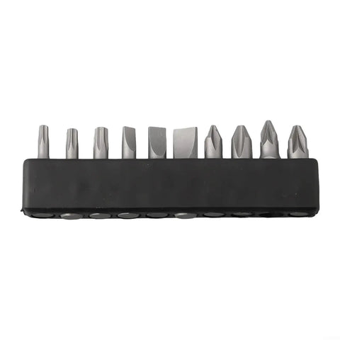 29 Piece Ratchet Socket Wrench Set Made From Heat Treated Chrome Vanadium Steel With Metric Sockets Driver Bits Extensions And Dual Direction Handle Perfect For Auto Repair Or Furniture Assembly A Hardcore Workshop Tool That Works Like A Charm. Set of 10 driver bits in a black holder.