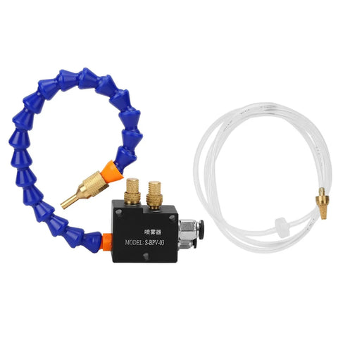 Shop Tough Dual Action Mist Coolant Lubrication System For CNC Milling Machines And Lathe Grinders showing spray nozzle and tubing.