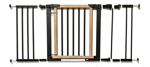 Rock Solid Wooden Dog Gate With Walk Through Swing For Indoor Puppy Protection And Pressure Mount Setup secured components viewed from above.