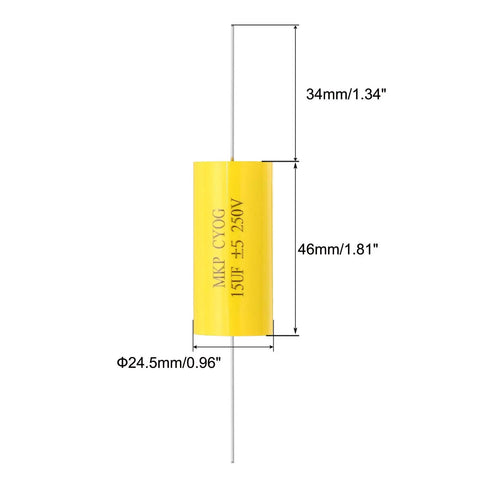 15uF 250V Axial Film Capacitor MKP CBB20 For Audio Crossover And Speaker Systems Yellow Step Less Film Capacitor Self Healing Pro Grade Quality High Stability 2 Pin Lead 34mm Long, 46x24.5mm