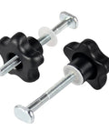 Two M6 X 75mm T Track Bolts Star Knob Kit for T Slot Tracks with washers, black star knobs, ideal for woodworking jigs.