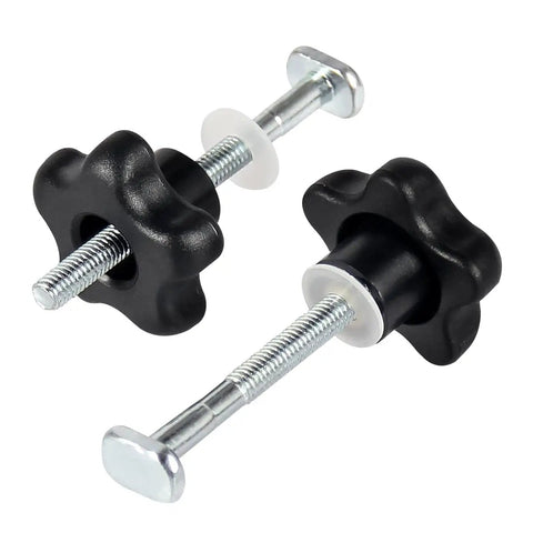 Two M6 X 75mm T Track Bolts Star Knob Kit for T Slot Tracks with washers, black star knobs, ideal for woodworking jigs.