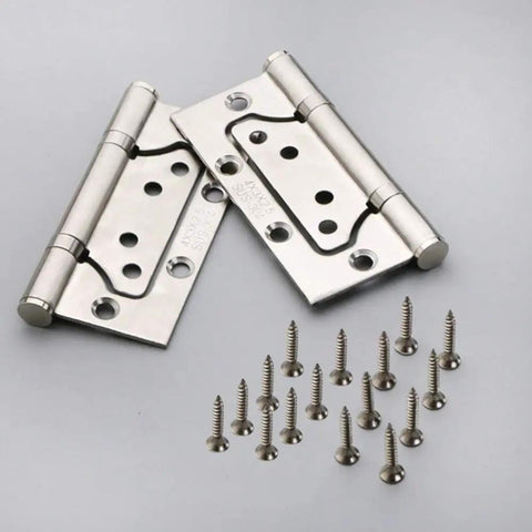 Stainless Steel Flat Cabinet Door Hinge Set 2 Pieces Heavy Duty Silent Hinges For Cabinets Windows And Wooden Boxes Perfect Replacement Parts For Home Furniture And Closets, shown with screws