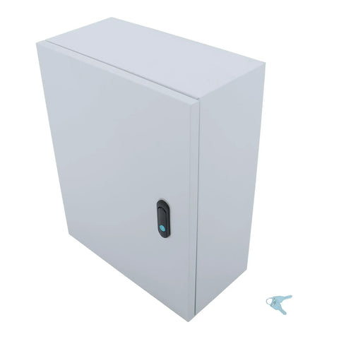 Front view of 16 By 8 By 20 NEMA 4X Electrical Junction Box Beefy Outdoor Rugged Steel Enclosure with Dual Key Lock, includes keys.