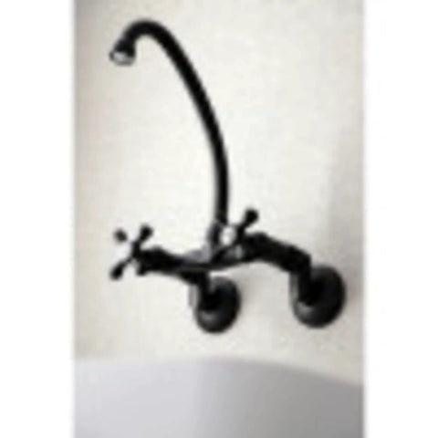 Two Handle Wall Mount Kitchen Faucet in Matte Black Finish With Ceramic Disc Cartridge, Adjustable Spout Center