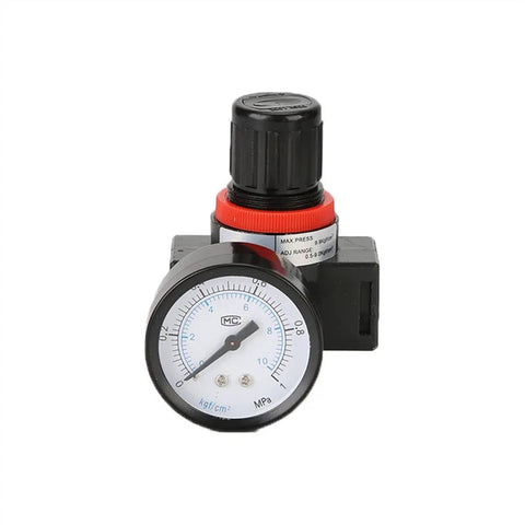 Front view of Pro Grade Oil Water Separator FRL Combo For Air Compressors with gauge and black knob, metal construction.