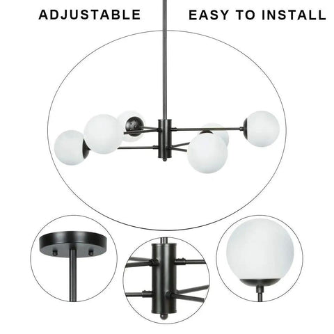 Six Light Sputnik Chandelier In Matte Black With Globe Glass Shades, Dope Mid Century Modern Dining Room And Kitchen Island Lighting