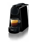 Essenza Mini Coffee And Espresso Machine By De'Longhi in black with espresso cup, ultra-compact design for small kitchens.