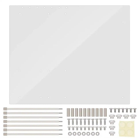 Components of Open Air ATX Test Bench PC Case In Clear Acrylic DIY Open Frame Motherboard Chassis arranged on a surface