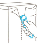 Illustration of a hand using a Concealed Blade Safety Cutter for box tape and shrink wrap on a cardboard box