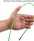 Rock Solid Electrical Fish Tape And Wire Puller Snake in hand, showcasing green nylon cord and galvanized steel tip.