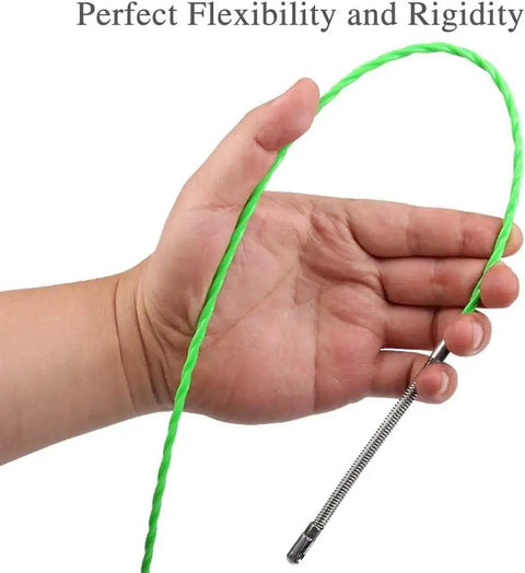 Rock Solid Electrical Fish Tape And Wire Puller Snake in hand, showcasing green nylon cord and galvanized steel tip.