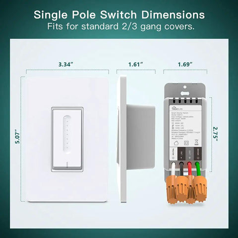 Diagram showing Single Pole Smart Dimmer Switch For Dimmable Bulbs With 2.4GHz WiFi Works With Alexa And Google Home dimensions.