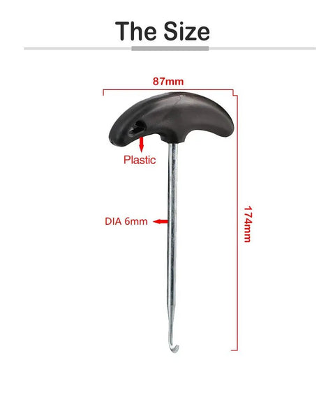 Motorcycle Exhaust Spring Puller Kit With Swivel Hook Set Stainless Steel 4 Piece Includes 2x67mm And 2x75mm For Quick No Sweat Removal And Installation Of Exhaust Springs Seat Or Tank Springs Cotter Pins And More; size chart shows 87mm x 174mm, 6mm dia, plastic handle