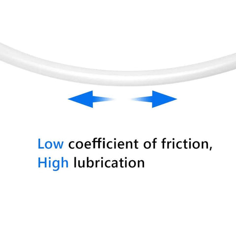 Close-up of PTFE Teflon Tubing 1mm ID X 2mm OD, 10ft Length, highlighting low friction and high lubrication for 3D printers.