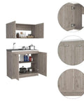 Totally Fresh Two Part Storage Cabinet In Light Gray Featuring Heavy Duty Engineered Wood Craft And Huge Countertop Area That Is Truly Made For Easy Home Organization with open cabinet doors and ample storage.