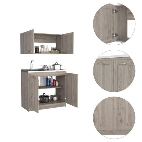 Totally Fresh Two Part Storage Cabinet In Light Gray Featuring Heavy Duty Engineered Wood Craft And Huge Countertop Area That Is Truly Made For Easy Home Organization with open cabinet doors and ample storage.