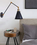 Adjustable Swing Arm Wall Sconce In Matte Metal With E27 Socket Built As A Knockout Go To Nightstand Reading Lamp featuring a black shade.
