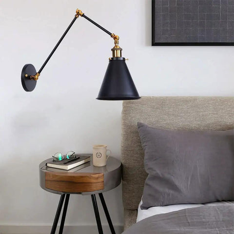 Adjustable Swing Arm Wall Sconce In Matte Metal With E27 Socket Built As A Knockout Go To Nightstand Reading Lamp featuring a black shade.