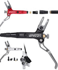 Heavy Duty Hydraulic Disc Brakes For Mountain Bikes With 800mm Front And 1550mm Rear Lines Four Piston Caliper 160mm Rotor Purple Aluminum Alloy Shred Trails All Day parts including black and red brake lever.