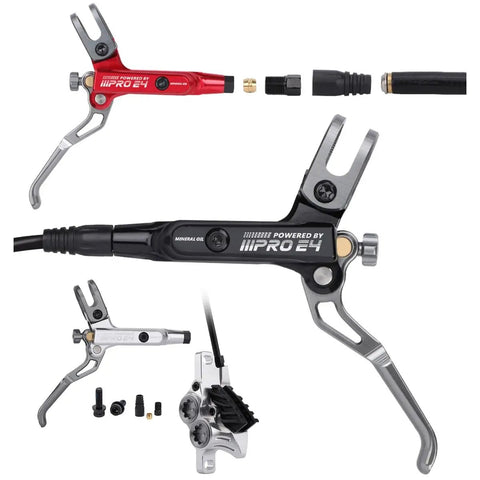 Heavy Duty Hydraulic Disc Brakes For Mountain Bikes With 800mm Front And 1550mm Rear Lines Four Piston Caliper 160mm Rotor Purple Aluminum Alloy Shred Trails All Day parts including black and red brake lever.