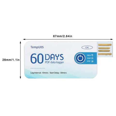 Disposable Single Use Temperature Data Logger With Usb Cable Offers Dead Reliable Cold Chain Tracking And Smooth Pdf Downloads For Food Drug Chemical Shipping Without Any Mess Or Hassle, 67mm x 28mm in size, compact design.