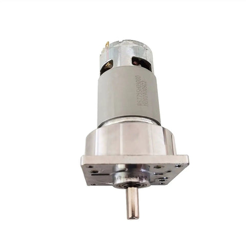 High Output 775 Dc Gear Motor Delivering Hella Torque Up To Eighty Kilogram Centimeters At Five To Five Hundred Rpm With Twelve Volt Power, showing silver motor with shaft.