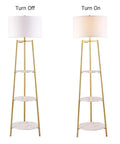 Dope Modern Floor Lamp With Faux Marble Shelves And Fabric Shade, Tall Standing Reading Light shown turned off and on