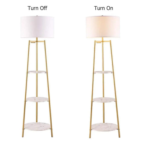 Dope Modern Floor Lamp With Faux Marble Shelves And Fabric Shade, Tall Standing Reading Light shown turned off and on