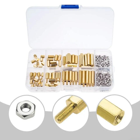 All In One M2.5 Brass Standoff Kit With 180 Pieces Including Hex Spacers Screws And Nuts, Male And Female Threaded Standoffs With Storage Box For Electronics Motherboard PCB Repair Projects. Open storage box with brass standoffs, screws, and nuts