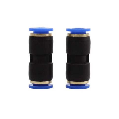 Two Three Eighths Inch Plastic Straight Union Tube Fitting Pneumatic Connectors with blue ends, brass and black body