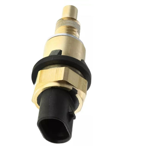 Side view of engine coolant temperature sensor with brass body, black plastic connector and O-ring