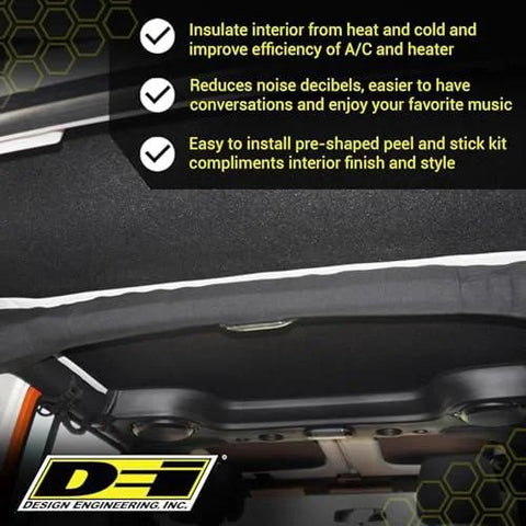 Installed Boom Mat black sound-deadening headliner for 4-door Jeep Wrangler JL (2018+); DEI logo visible.