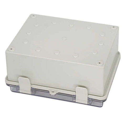 Rugged Outdoor IP65 Weatherproof Electrical Junction Box With Hinged Clear Cover And Two Cable Glands ABS Plastic Project Enclosure