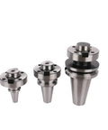 Three Heavy Duty BT50 CNC Collet Chuck Adapters in stainless steel for milling and grinding, showcasing sizes and design.