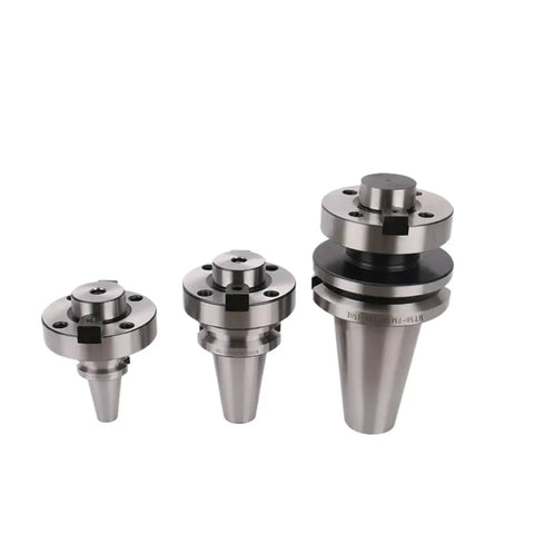 Three Heavy Duty BT50 CNC Collet Chuck Adapters in stainless steel for milling and grinding, showcasing sizes and design.