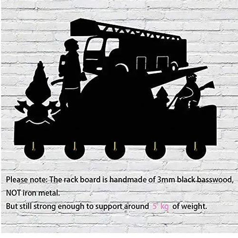 Chic Wooden Wall Coat Hooks Retro Entryway Hanger Set Heavy Duty Rack with fire truck and characters, ideal for playful homes.