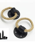 Rustic Metal Hemp Rope Barn Door Pull Handles Set Of 2 for indoor outdoor use with screws, farmhouse style, cast iron.